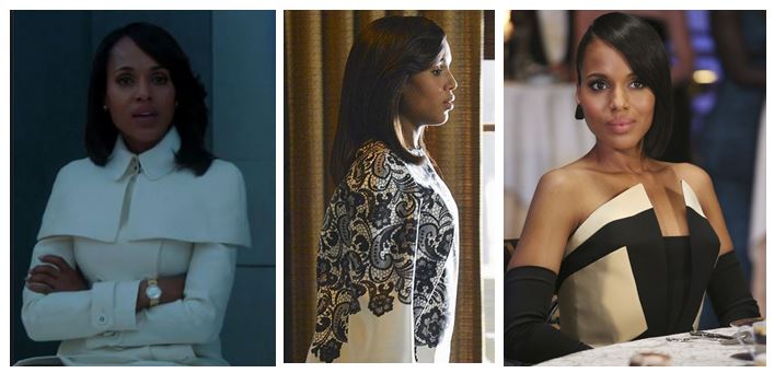 Our favorite Olivia Pope looks from season three include this white caped Burberry coat, a patterned Dolce & Gabbana blouse and this stunning strapless Rubin Singer gown.