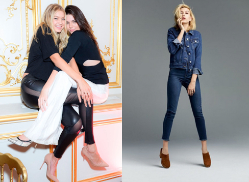 Left: Gigi Hadid with Kendall Jenner. Right: Hadid for Topshop.