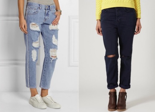 Left: Steve J & Yoni P Distressed Mid-Rise Boyfriend Jeans (£165) Right: MOTO Black Super Ripped Hayden Boyfriend Jeans (£42)