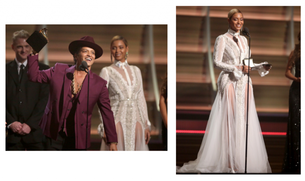 Beyonce presented the award for Record of the Year, awarding Bruno Mars and Mark Ronson, winning with Uptown Funk