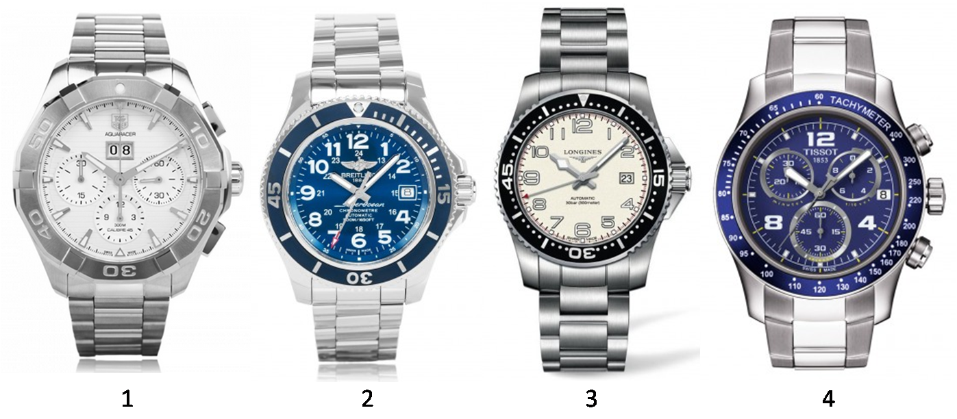 1. Tag Heuer / 2. Breitling / 3. Longines / 4. Tissot