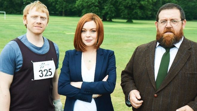 Lindsay Lohan posted this photo, with Rupert Grint and Nick Frost, to her Instagram.