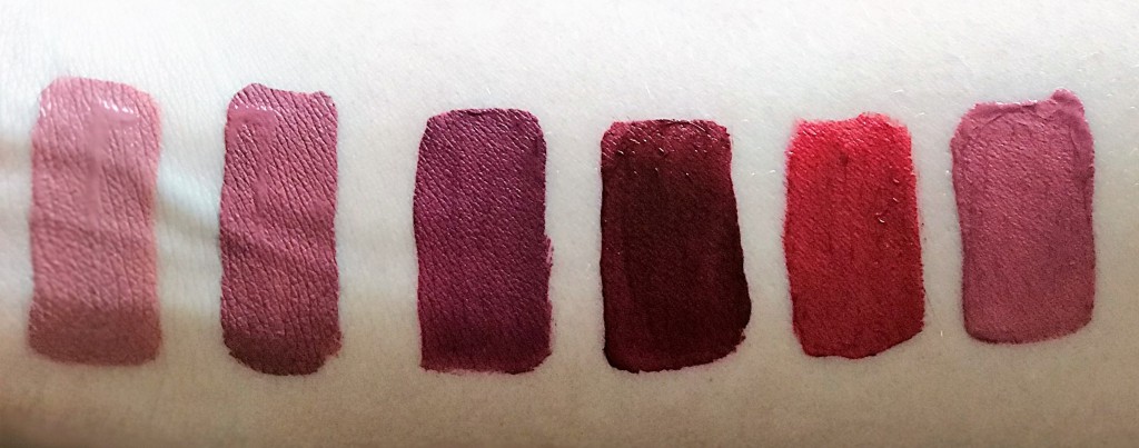 Swatches of Perla, Patina, Aria, Rubino, Beso Shimmer, and Patina Shimmer (left to right)